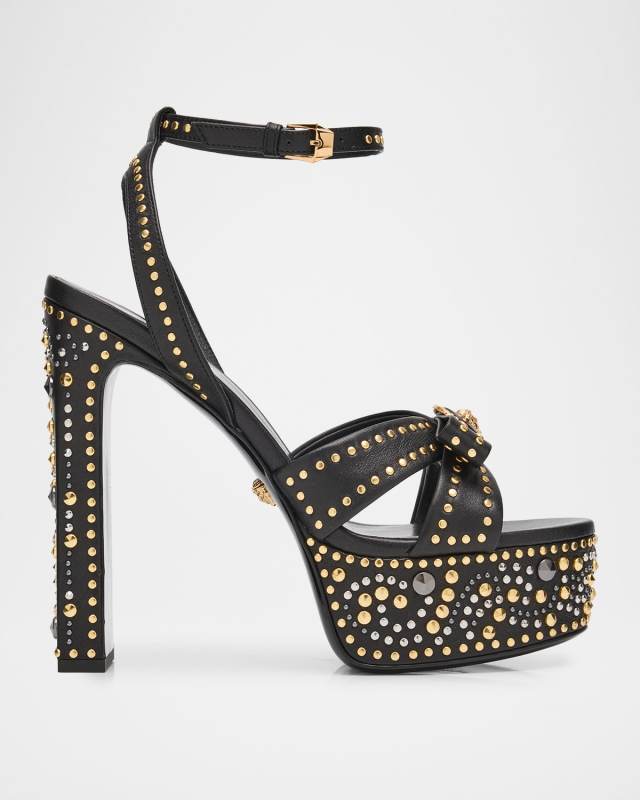 140mm Gianni Ribbon Studded Leather Platform Sandals